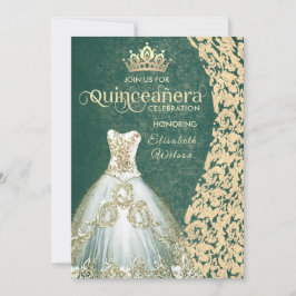 Convite Vestido de ouro verde damask tiara Quinceañera