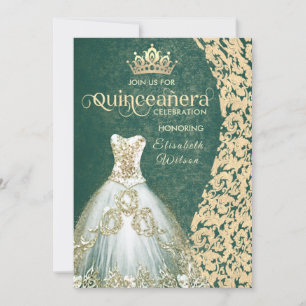Convite Vestido de ouro verde damask tiara Quinceañera