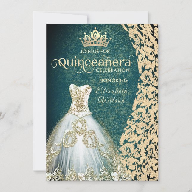 Convite Vestido de ouro verde damask tiara Quinceañera (Frente)