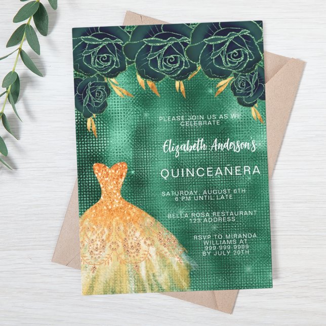 Convite Vestido de ouro verde esmeraldo de luxo floral Qui (Criador carregado)