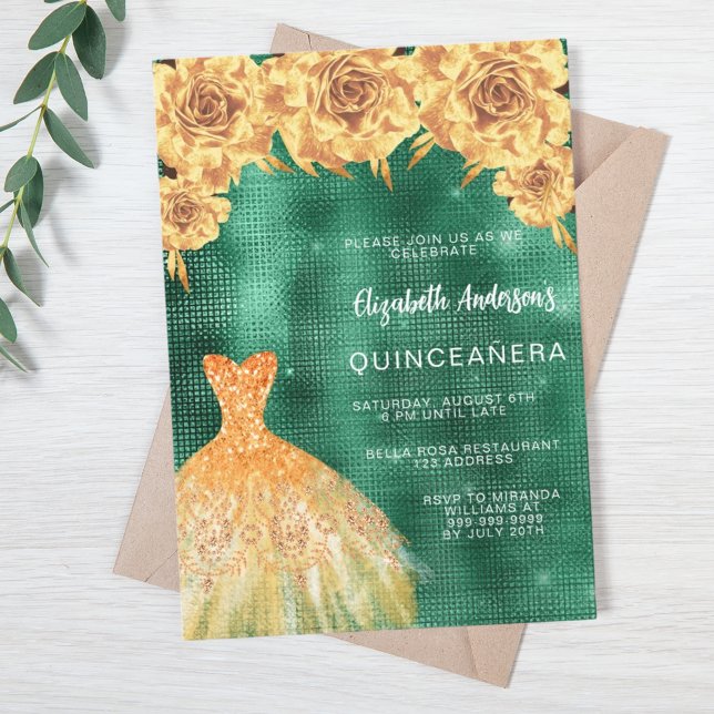 Convite Vestido de ouro verde esmeraldo floral Quinceanera (Criador carregado)