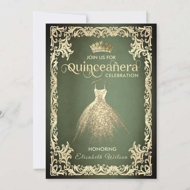 Convite Vestido de ouro verde-quente tiara Quinceañera (Frente)