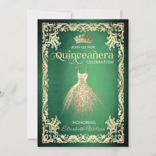 Convite Vestido de ouro verde-quente tiara Quinceañera