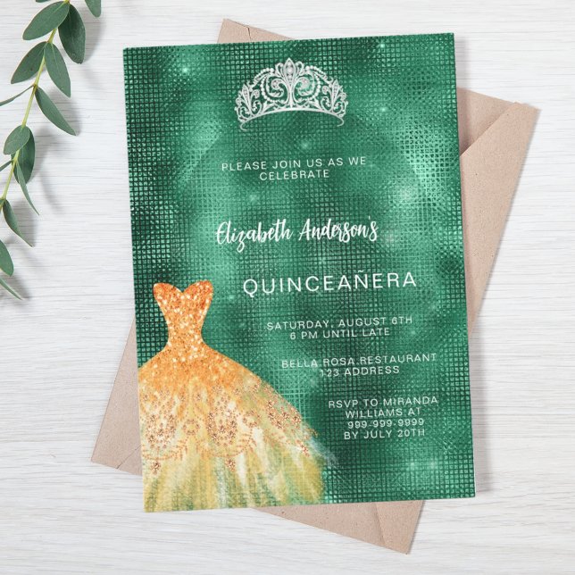 Convite Vestido de ouro verde tiara Quinceanera luxo (Criador carregado)