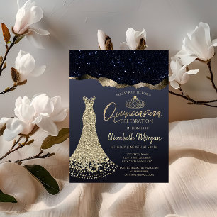 Convite Vestido de Ouros Chic, Tiara Dourada, Brilhante Ne