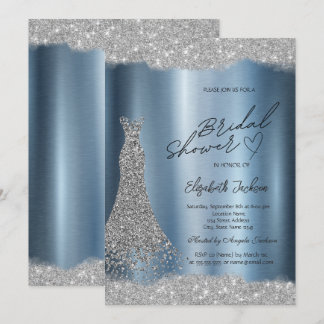 Convite Vestido de Prata com Diamantes Brilho Azul para Ch