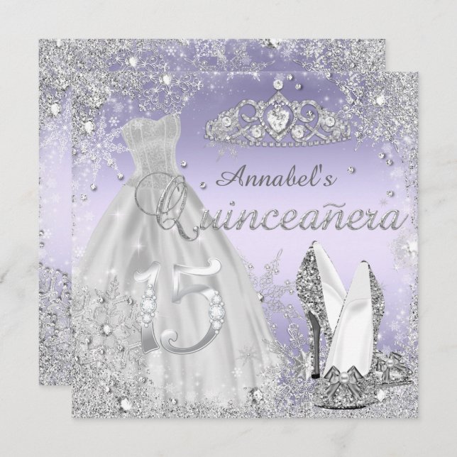 Convite Vestido de Prata e Faísca Roxo & Tiara Quinceanera (Frente/Verso)