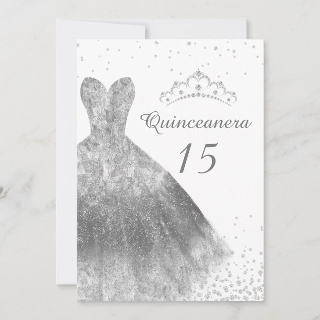 Convite Vestido de Prata e Tiara Quinceanera 15 Aniversári (Frente)