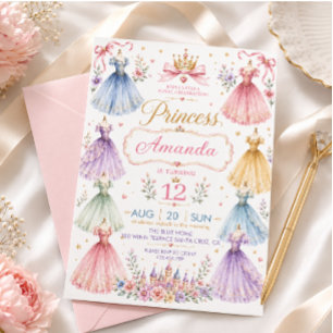 Convite Vestido de Princesa Aquarela Aniversário
