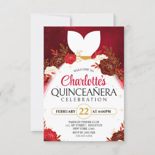 Convite Vestido de Princesa Branco Floral Quinceanera Verm