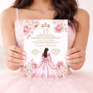 Convite Vestido de Princesa Coroa Dourada Floral XV Aniver