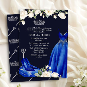 Convite Vestido de Princesa e Rosas Azul Quinceanera Missa