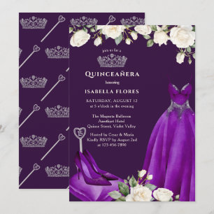 Convite Vestido de Princesa e Rosas Roxo Quinceanera