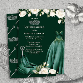 Convite Vestido de Princesa e Rosas Verdes Quinceanera