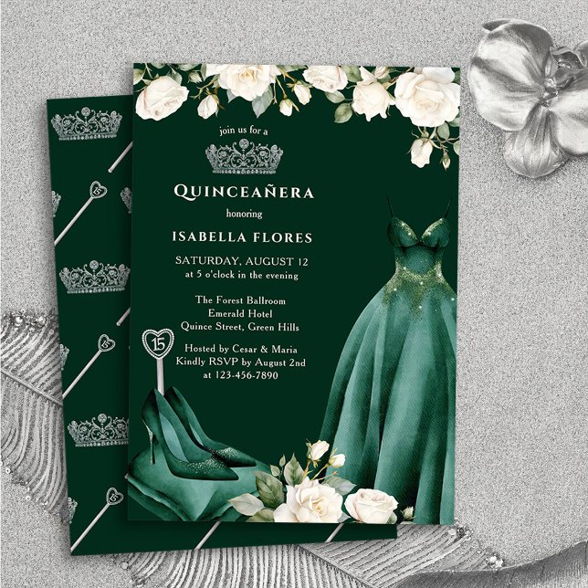 Convite Vestido de Princesa e Rosas Verdes Quinceanera (Quinceanera Invitation from the Princess Dress and Roses Quinceanera Collection by Darling & May)