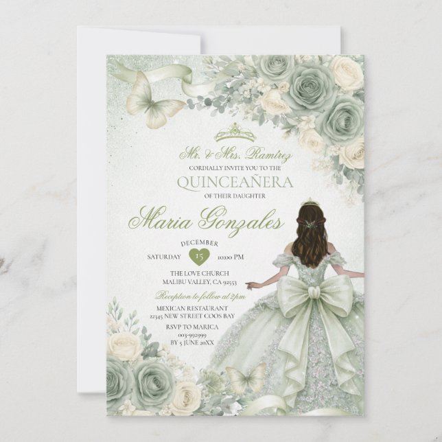Convite Vestido de Princesa Floral com Laço Verde Salvia Q (Frente)