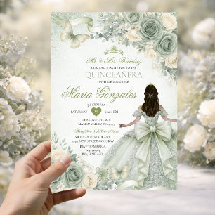 Convite Vestido de Princesa Floral com Laço Verde Salvia Q