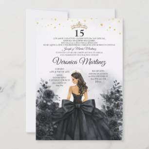 Convite Vestido de Princesa Floral Preto Espanhol Sweet 15