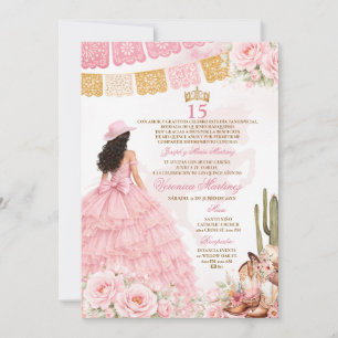 Convite Vestido de Princesa Floral Rosa Espanhol Doce 15 A