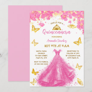 Convite Vestido de Princesa Floral Rosa Quinceanera & Tiar