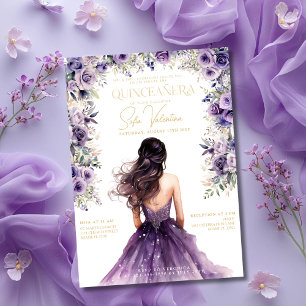 Convite Vestido de Princesa Lilás Roxo Quinceañera Floral 