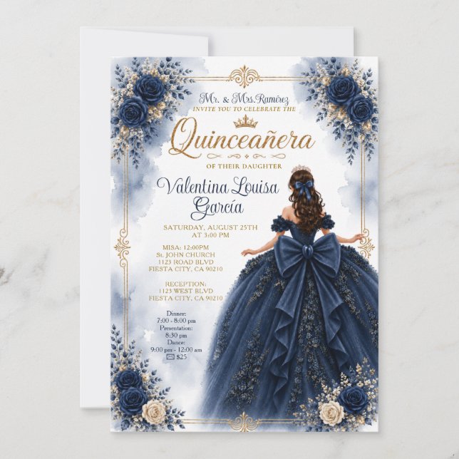 Convite Vestido de Princesa Quinceañera Azul com Coroa Flo (Frente)