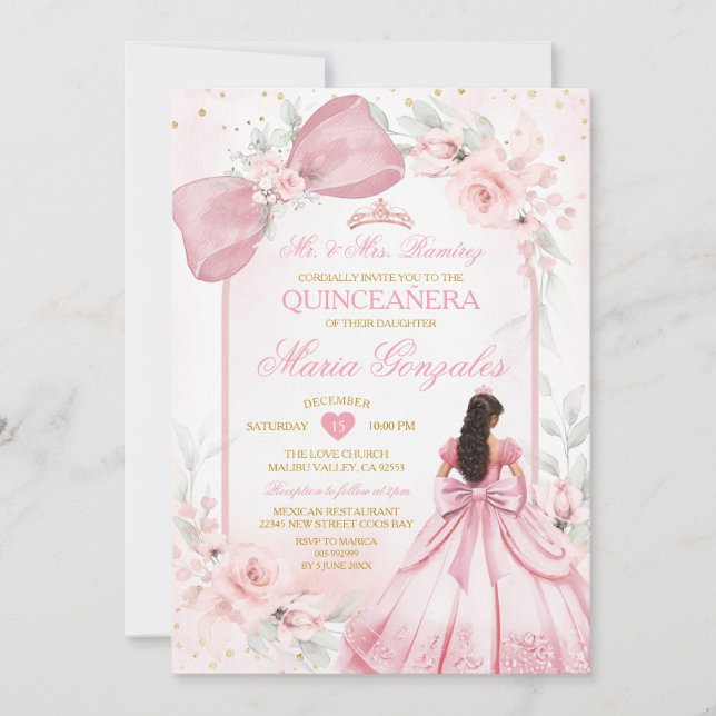 Convite Vestido de Princesa Rosa Bege com Laço Floral Quin (Frente)