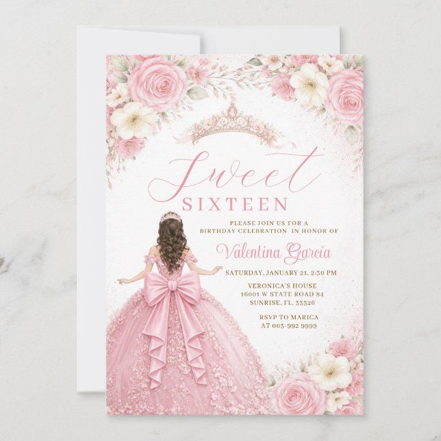 Convite Vestido de Princesa Rosa Rubor Aniversário de Swee (Frente)