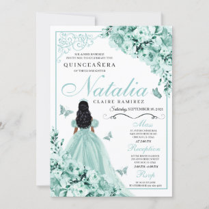 Convite Vestido de Princesa Rosas Verde Empoeirado Quincea