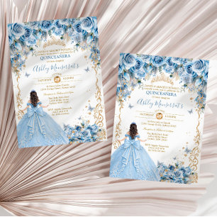 Convite Vestido de Quince Anos Princesa Azul Bebê Dourado