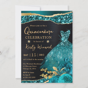 Convite Vestido de Quinceanera Aquarela em Verde Água e Gl
