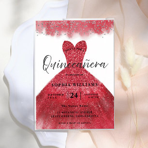 Convite Vestido de Quinceanera Brilho Vermelho para Aniver