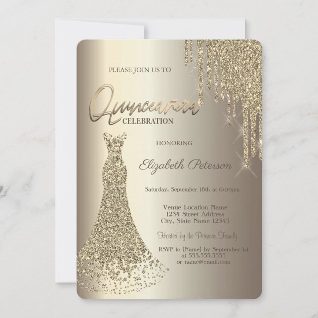 Convite Vestido de Quinceañera Champagne com Pingentes Mod (Frente)