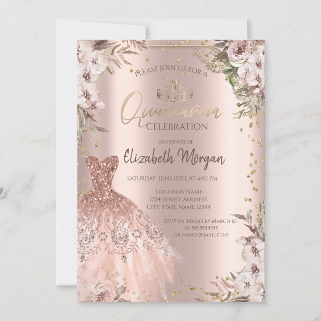 Convite Vestido de Quinceanera com Flores Boho Diamantes (Frente)