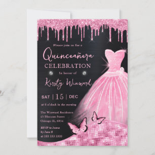 Convite Vestido de Quinceanera com Glitter Rosa Bebê em Aq