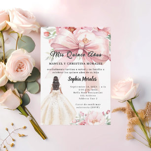 Convite Vestido de Quinceanera com laço rosa e flores