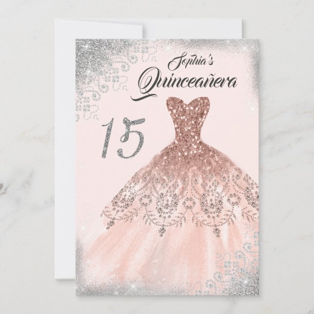 Convite Vestido de Quinceanera com Renda Dourada Rosa Prat (Frente)