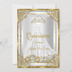 Convite Vestido de Quinceanera dourado branco tiara carrua