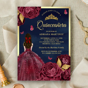 Convite Vestido de Quinceanera Floral Burgundy Navy