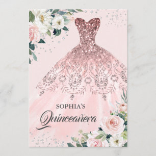 Convite Vestido de Quinceanera Floral Dourado Rosa Prata D