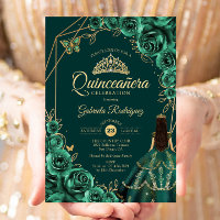 Vestido de Quinceanera Floral Esmeralda Dourado