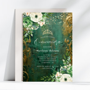 Convite Vestido de Quinceañera Floral Ouro Verde Esmeralda