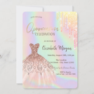 Convite Vestido de Quinceañera Holográfico com Gotas de Br