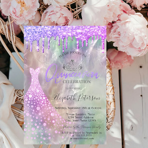 Convite Vestido de Quinceañera holográfico com gotas de br