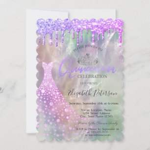 Convite Vestido de Quinceañera holográfico com gotas de br