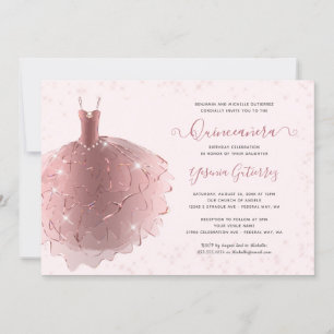 Convite Vestido de Quinceañera, Rosa Dourado Elegante