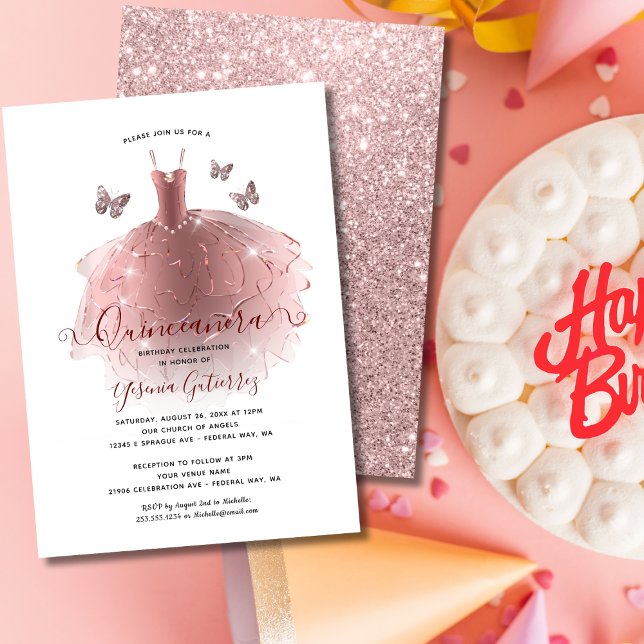 Convite Vestido de Quinceañera, Rosa Dourado Elegante (Elegant Rose Gold Glitter Quinceañera Dress Invitation
)
