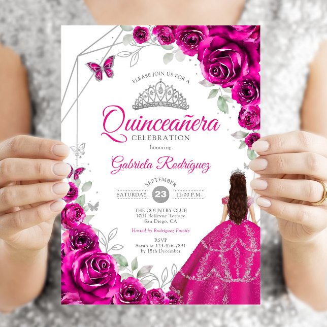 Convite Vestido de Quinceanera Rosa Fúcsia Prata (Criador carregado)