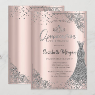 Convite Vestido de Quinceañera Tiara Prata Estrelas Dourad