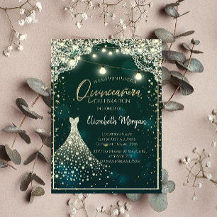 Convite Vestido de Quinceañera Verde com Renda, Luzes e Di